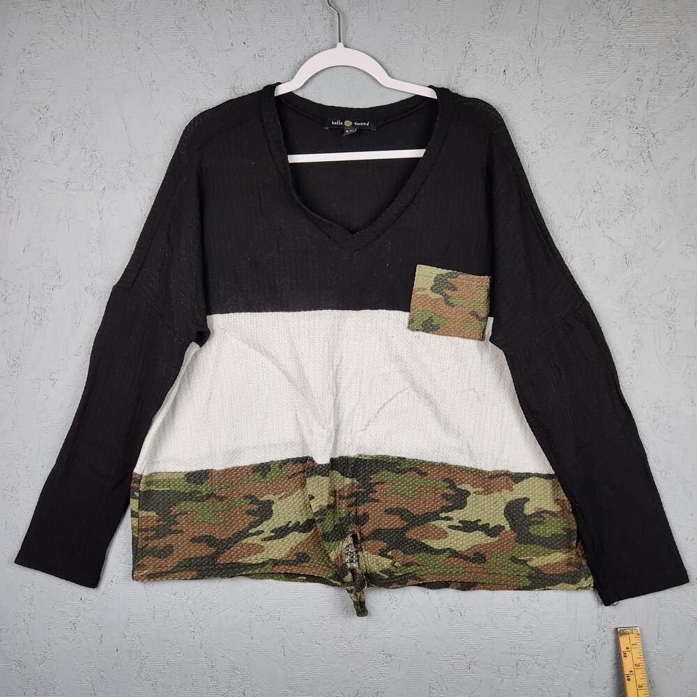 Belle Tweed Shirt Womens XL Black White Camo Colorblock Thermal V Neck Tie Hem